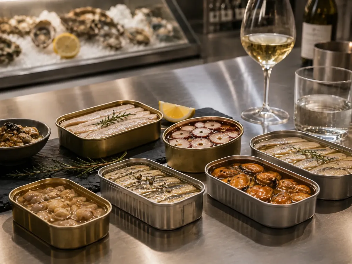 Conservas gourmet servidas sobre pizarra con copa de vino