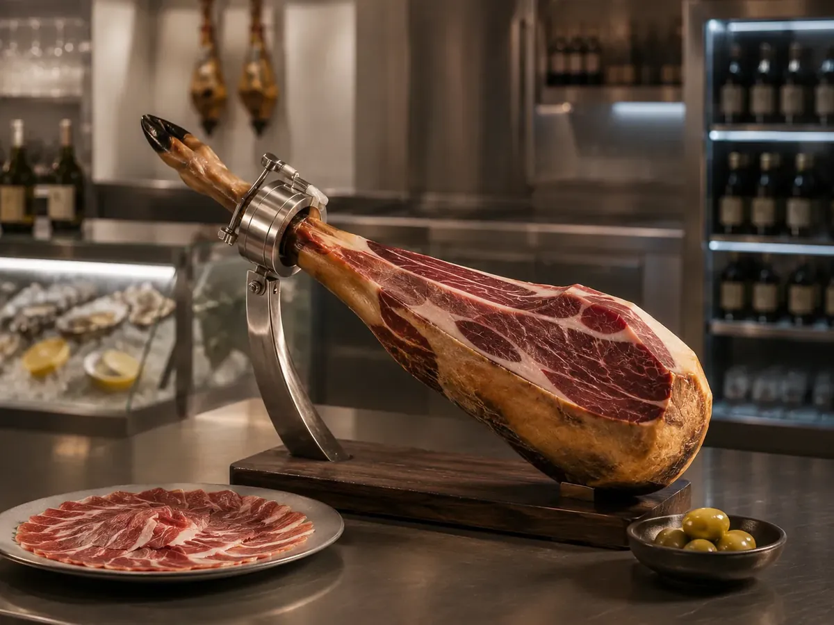 Jamón ibérico en soporte de acero recién cortado